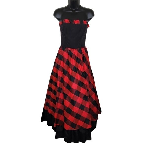 Vintage Gunne Sax buffalo plaid strapless gown dress Juniors 7 - Picture 1 of 11